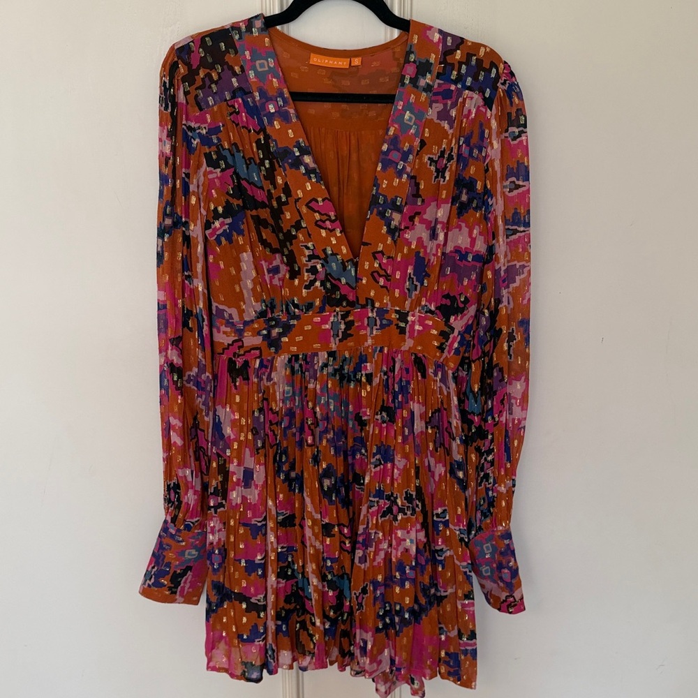 Oliphant Abstract Long Sleeve Dress in Orange and Pink